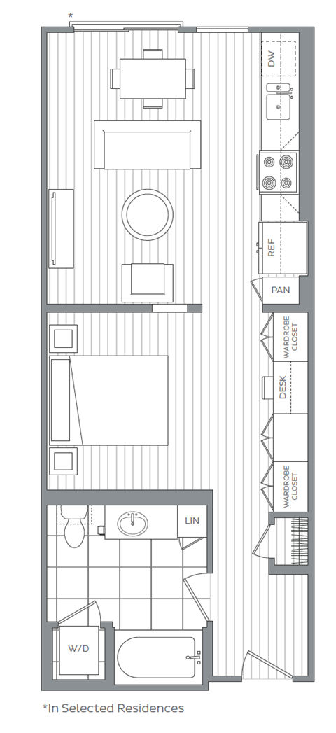 Floor plan for studio, 1 bath, 601 sqft